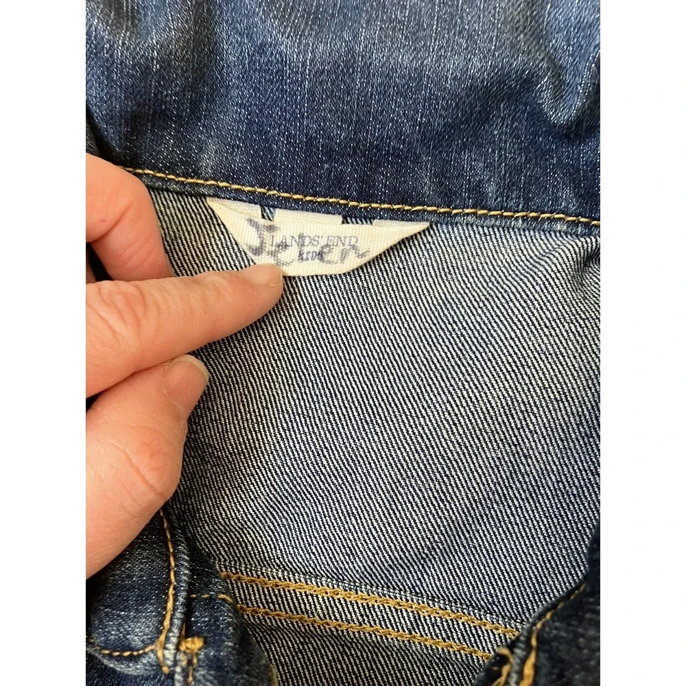 EUC Lands End Trucker‎ Jacket Stretch Denim Youth Girl Size M 10-12 Dark Blue